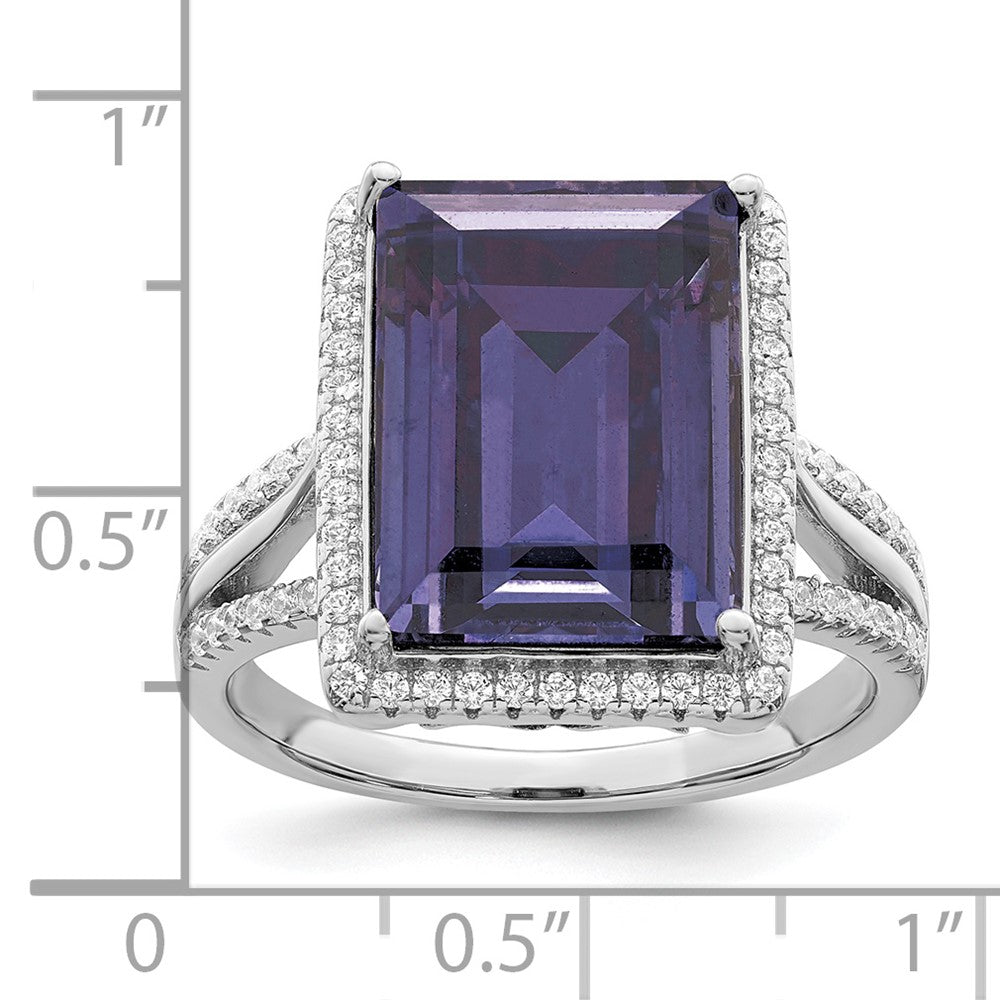 Sterling Silver Rhodium Plated Polished Cz & Blue Crystal Ring