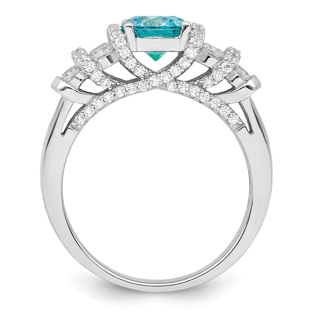 Sterling Silver Rhodium Plated Blue Crystal & Cz Ring