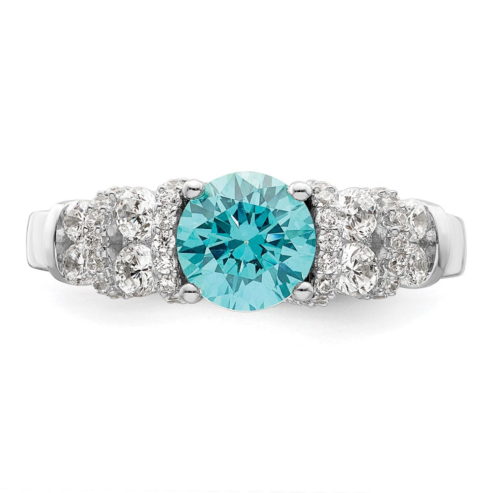 Sterling Silver Rhodium Plated Blue Crystal & Cz Ring