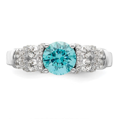 Sterling Silver Rhodium Plated Blue Crystal & Cz Ring