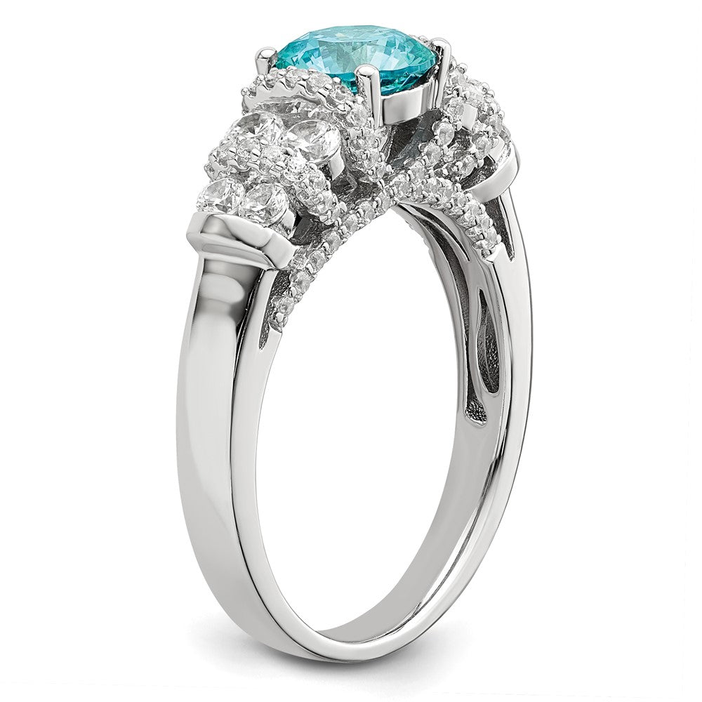Sterling Silver Rhodium Plated Blue Crystal & Cz Ring