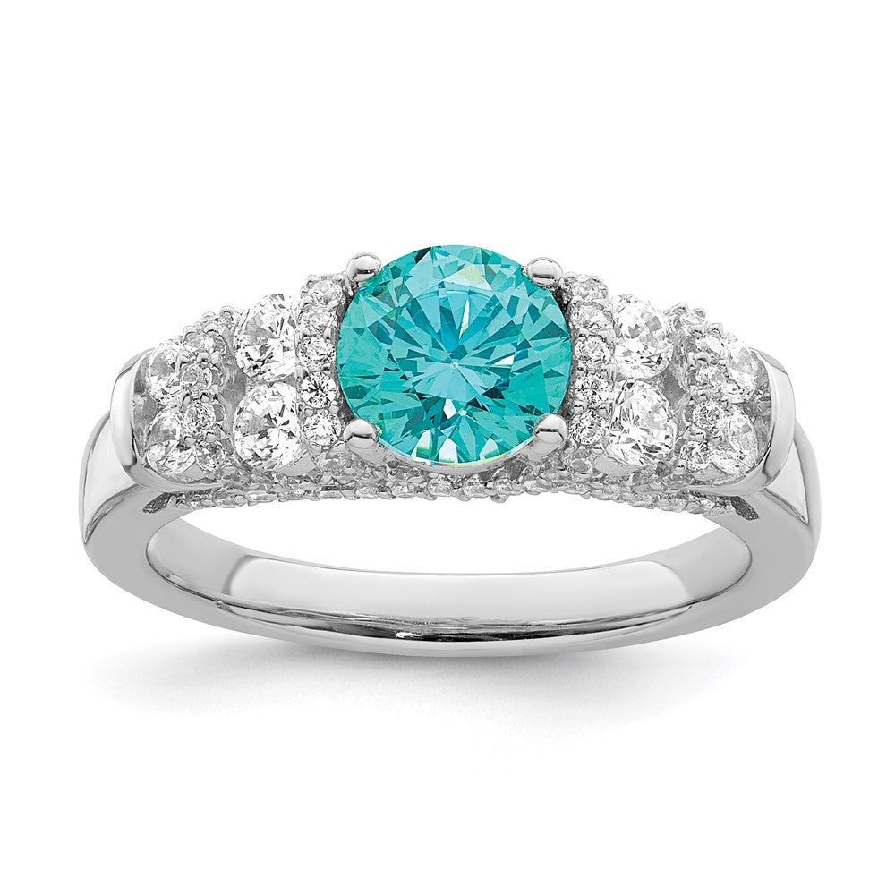 Sterling Silver Rhodium Plated Blue Crystal & Cz Ring