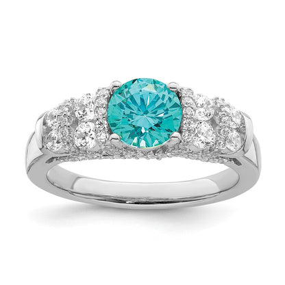 Sterling Silver Rhodium Plated Blue Crystal & Cz Ring