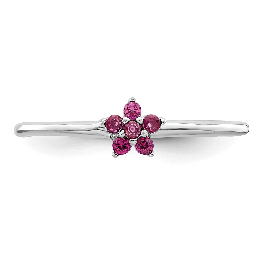 Sterling Silver Rhodium Plated Polished Red Cz Flower Ring