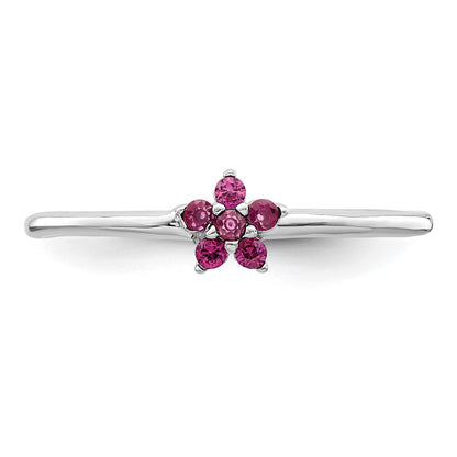 Sterling Silver Rhodium Plated Polished Red Cz Flower Ring