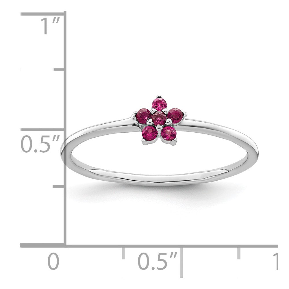 Sterling Silver Rhodium Plated Polished Red Cz Flower Ring