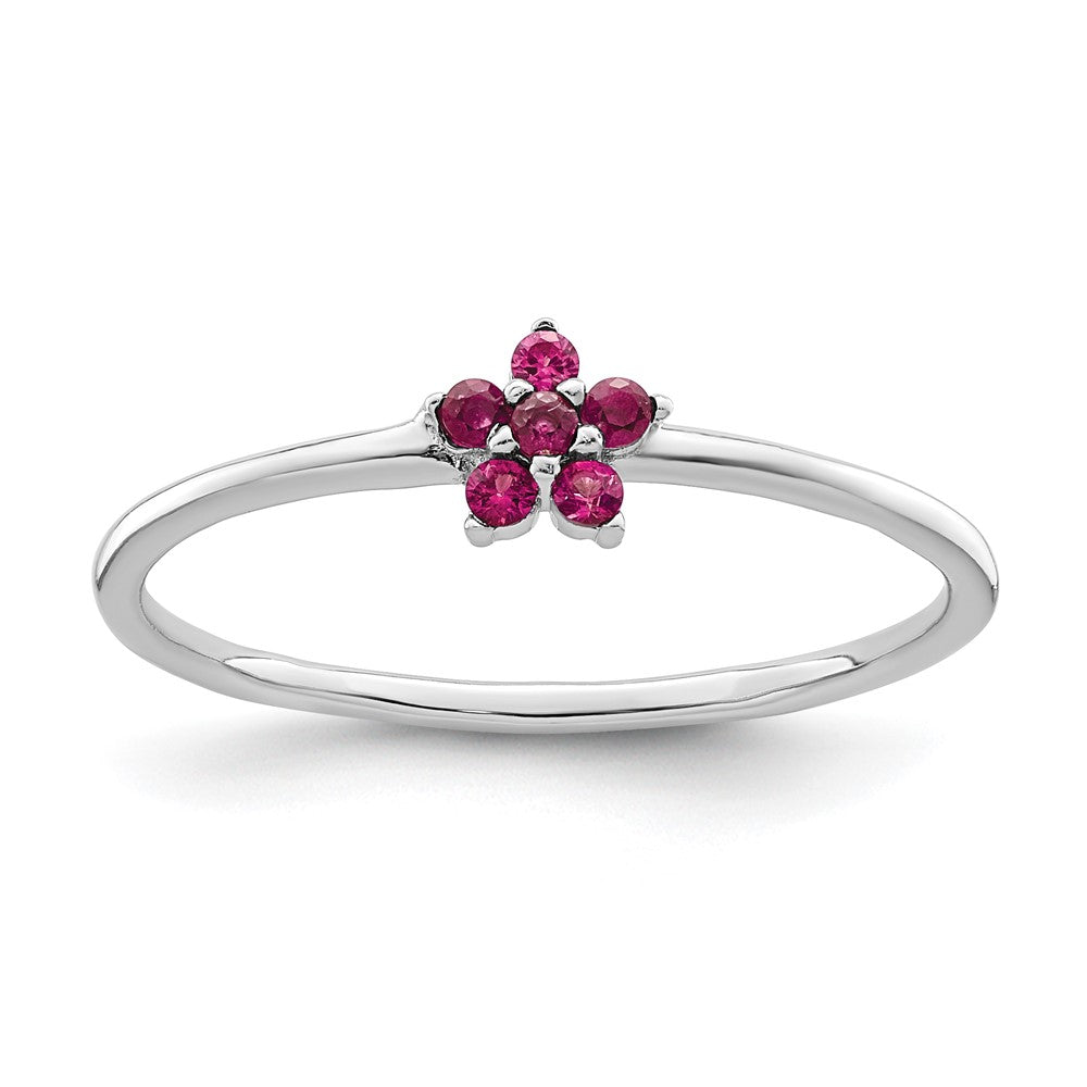 Sterling Silver Rhodium Plated Polished Red Cz Flower Ring