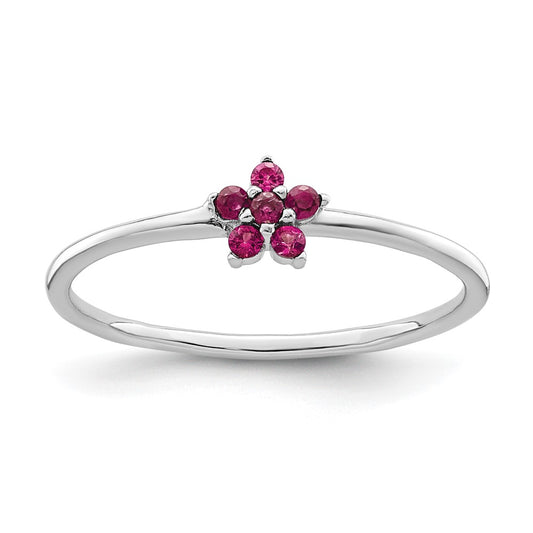 Sterling Silver Rhodium Plated Polished Red Cz Flower Ring