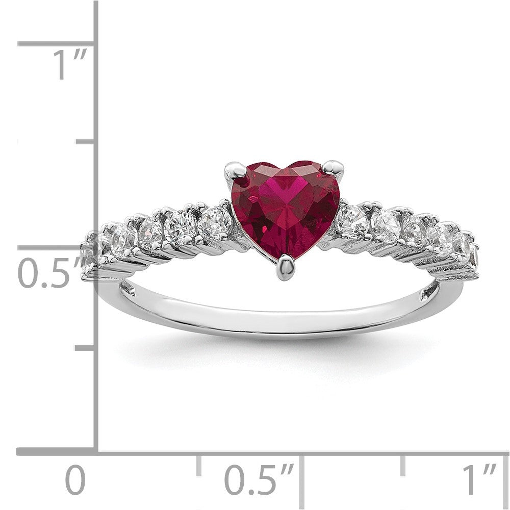 Sterling Silver Polished Rhodium Plated Created Ruby And Cz Heart Ring