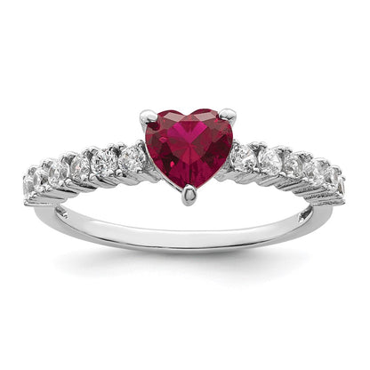 Sterling Silver Polished Rhodium Plated Created Ruby And Cz Heart Ring