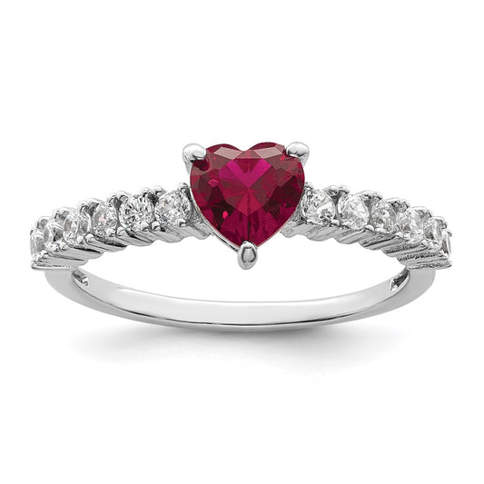 Sterling Silver Polished Rhodium Plated Created Ruby And Cz Heart Ring