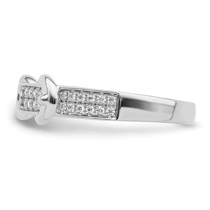 Sterling Silver Rhodium Plated Created Red Corundum & Cz Buckle Ring