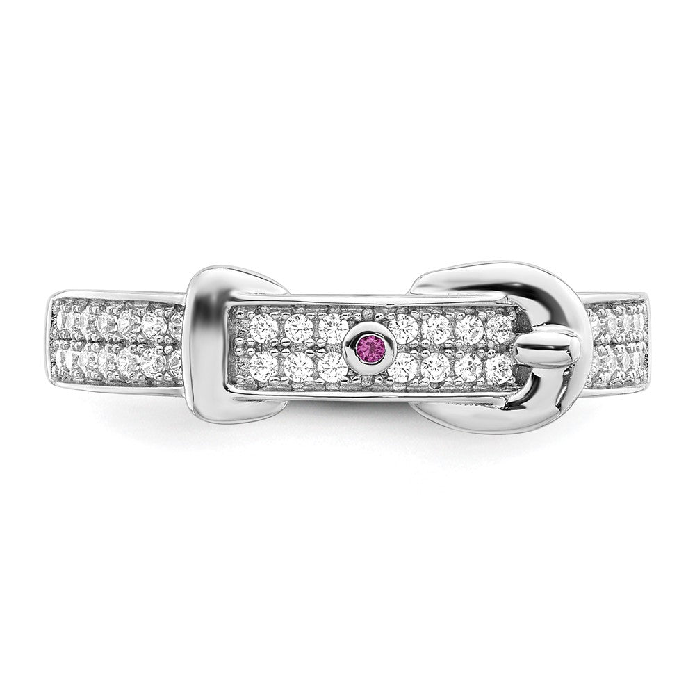 Sterling Silver Rhodium Plated Created Red Corundum & Cz Buckle Ring