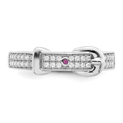 Sterling Silver Rhodium Plated Created Red Corundum & Cz Buckle Ring