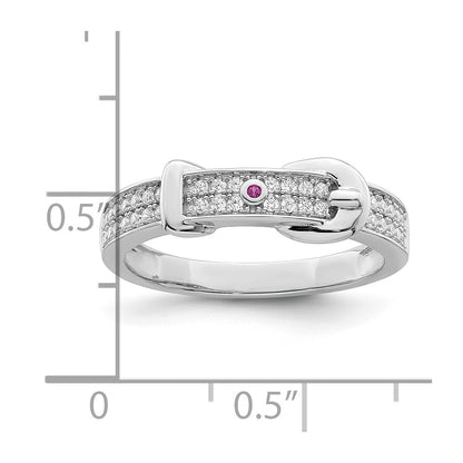 Sterling Silver Rhodium Plated Created Red Corundum & Cz Buckle Ring