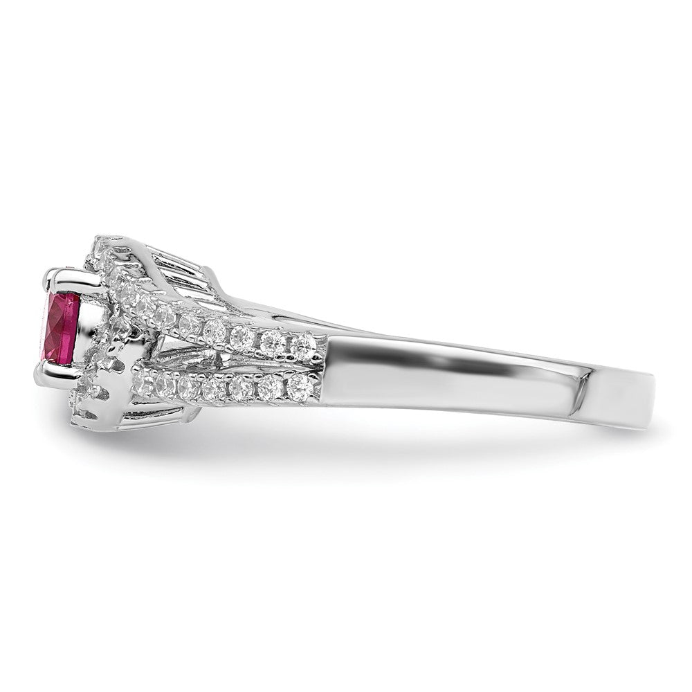 Sterling Silver Rhodium Plated Created Red Corundum & White Cz Ring