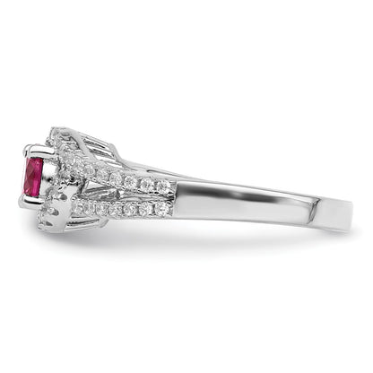 Sterling Silver Rhodium Plated Created Red Corundum & White Cz Ring