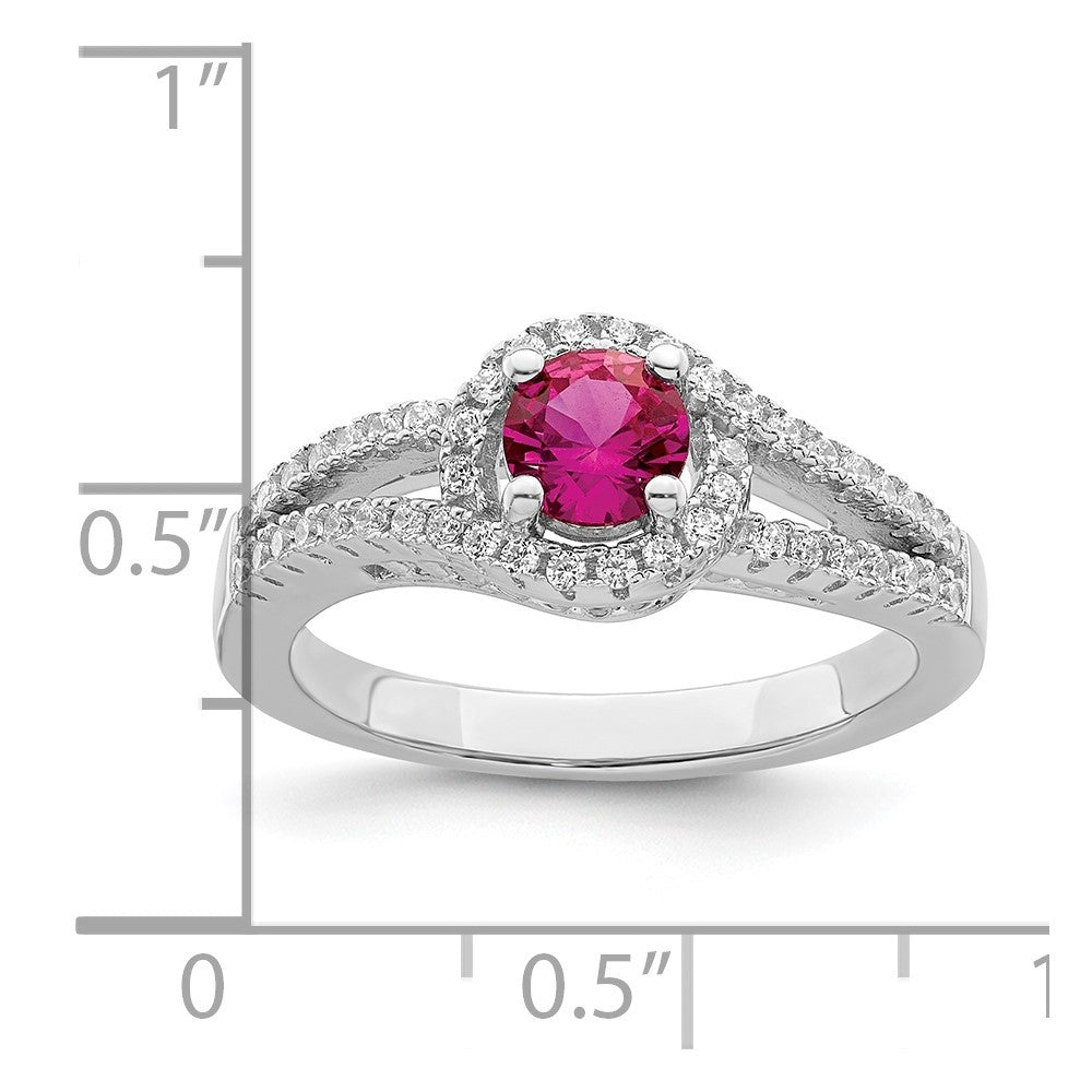 Sterling Silver Rhodium Plated Created Red Corundum & White Cz Ring