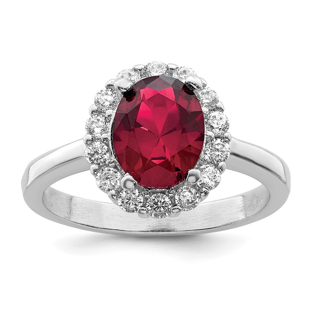 Sterling Silver Polished Rhodium Plated Red And Clear Cz Ring