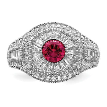 Sterling Silver Rhodium Plated Polished Red & White Cz Ring