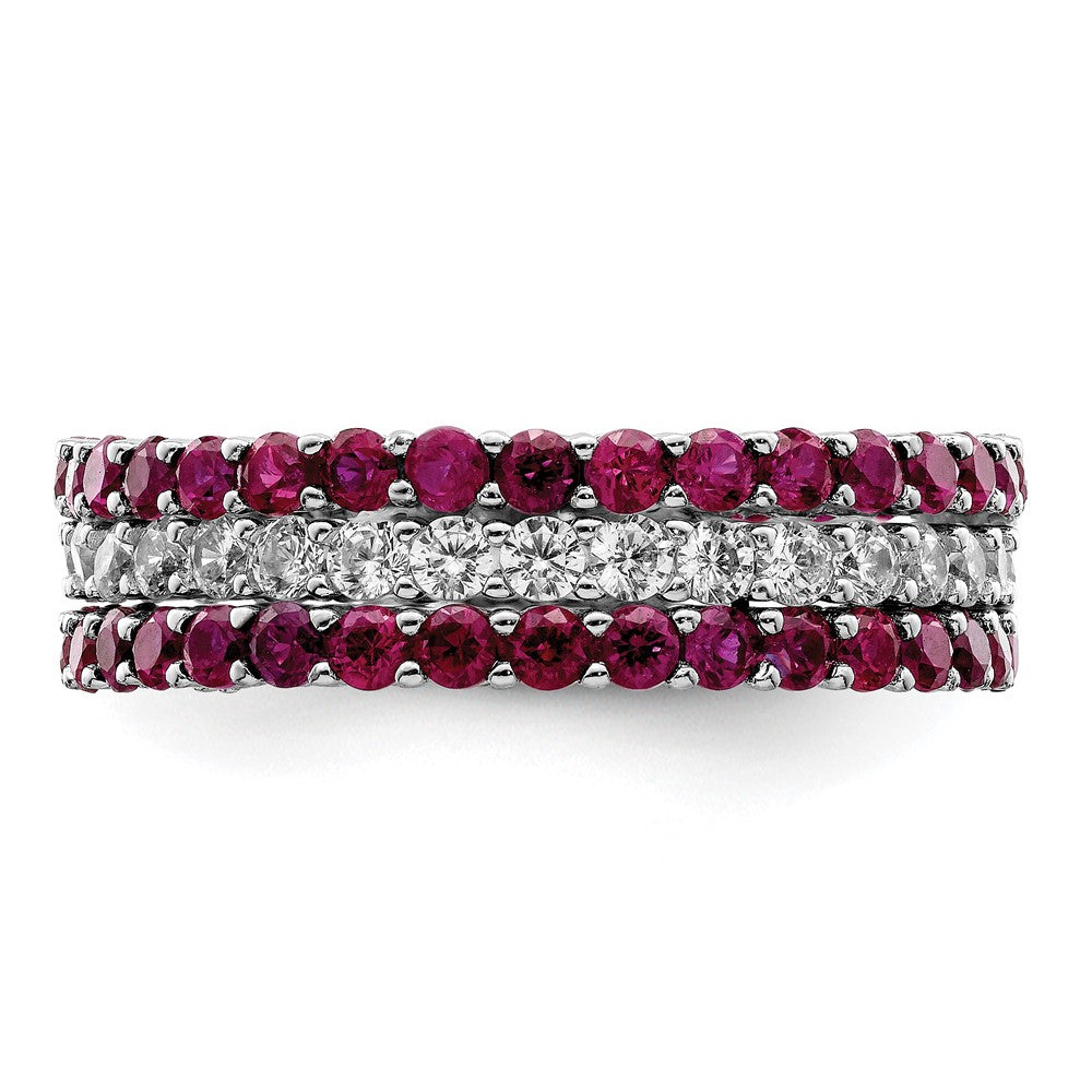 Sterling Silver Rhodium Plated Polished Pink & White Cz 3 Ring Set