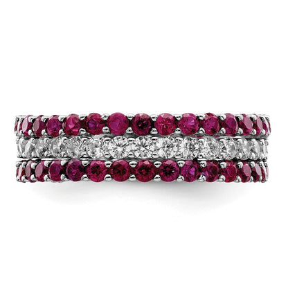 Sterling Silver Rhodium Plated Polished Pink & White Cz 3 Ring Set