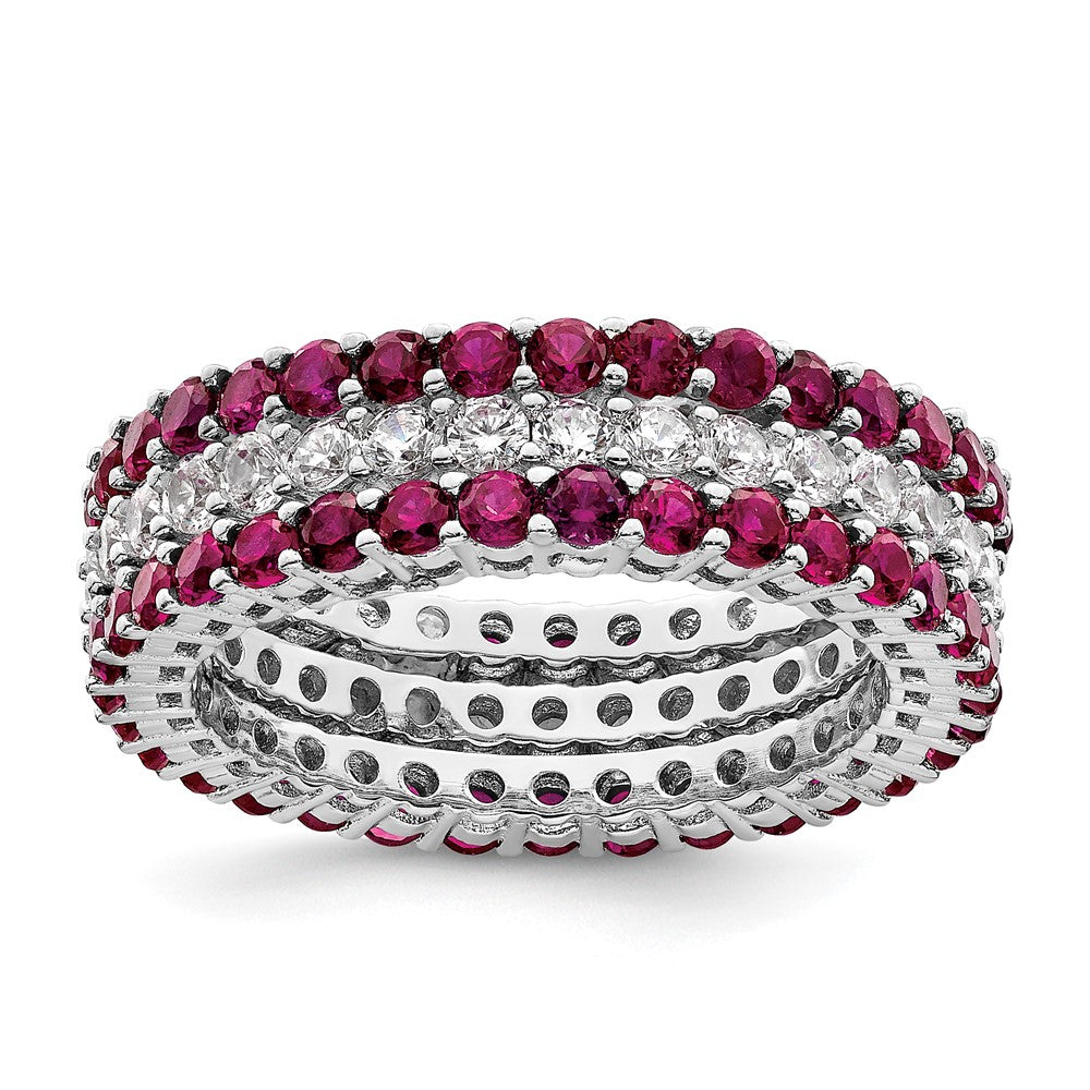 Sterling Silver Rhodium Plated Polished Pink & White Cz 3 Ring Set