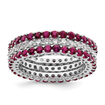 Sterling Silver Rhodium Plated Polished Pink & White Cz 3 Ring Set