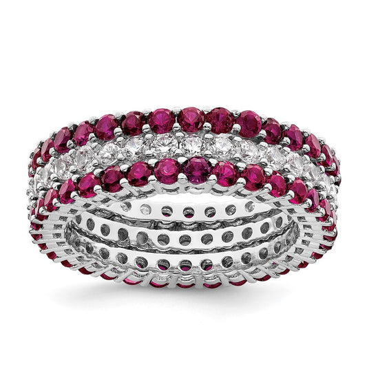 Sterling Silver Rhodium Plated Polished Pink & White Cz 3 Ring Set