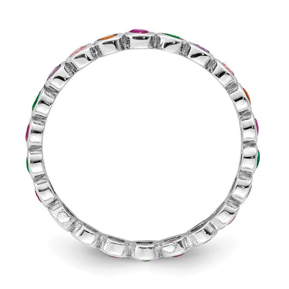 Sterling Silver Rhodium Plated Polished Multi Color Cz Band Ring