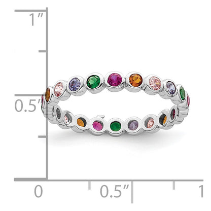 Sterling Silver Rhodium Plated Polished Multi Color Cz Band Ring