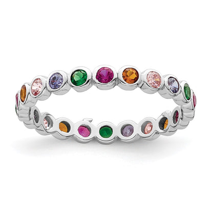 Sterling Silver Rhodium Plated Polished Multi Color Cz Band Ring