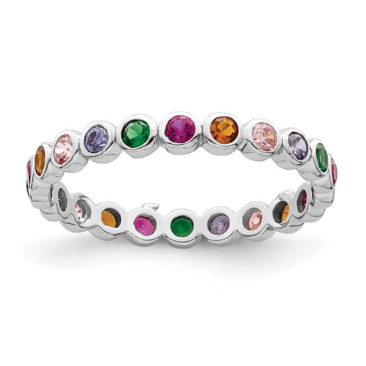 Sterling Silver Rhodium Plated Polished Multi Color Cz Band Ring