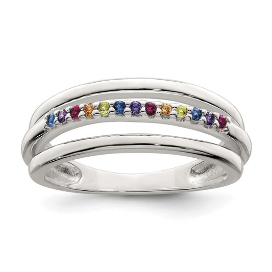 Sterling Silver Polished Rainbow Cz 3 Band Ring