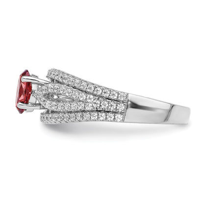 Sterling Silver Rhodium Plated Red Crystal & Cz Ring