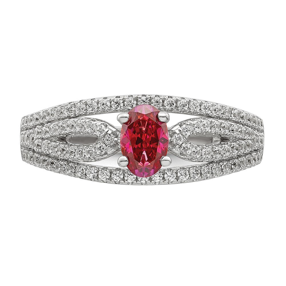 Sterling Silver Rhodium Plated Red Crystal & Cz Ring