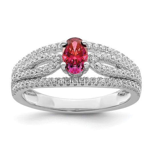 Sterling Silver Rhodium Plated Red Crystal & Cz Ring