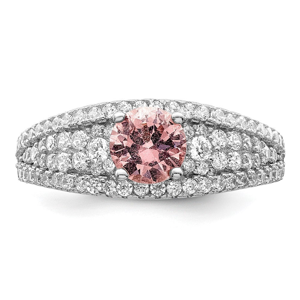 Sterling Silver Rhodium Plated Cz And Pink Glass Fancy Ring