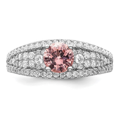 Sterling Silver Rhodium Plated Cz And Pink Glass Fancy Ring