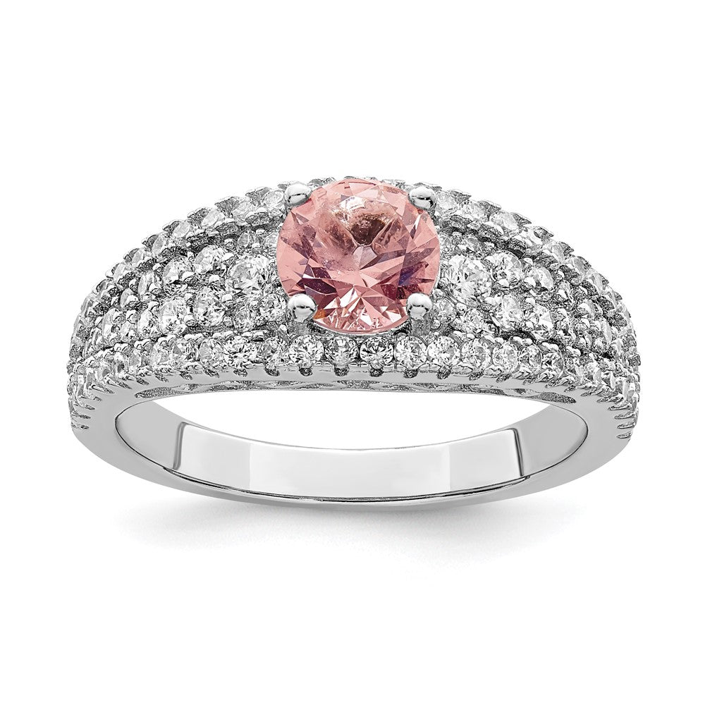 Sterling Silver Rhodium Plated Cz And Pink Glass Fancy Ring