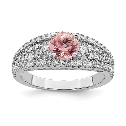 Sterling Silver Rhodium Plated Cz And Pink Glass Fancy Ring
