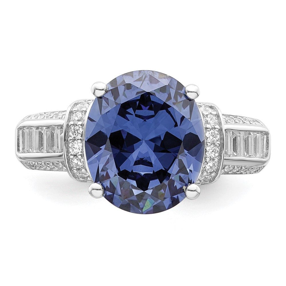 Sterling Silver Rhodium Plated Blue & White Cz Ring