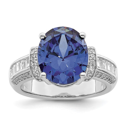 Sterling Silver Rhodium Plated Blue & White Cz Ring