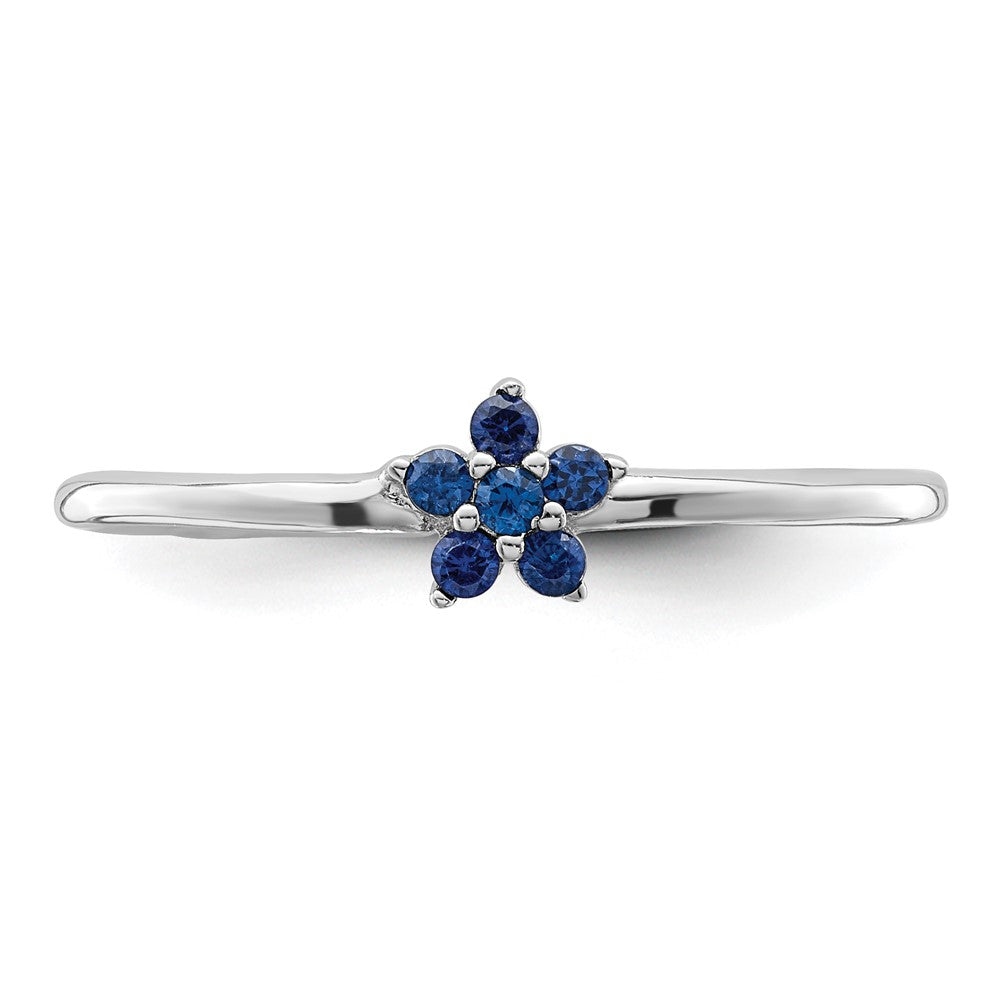 Sterling Silver Rhodium Plated Polished Blue Cz Flower Ring