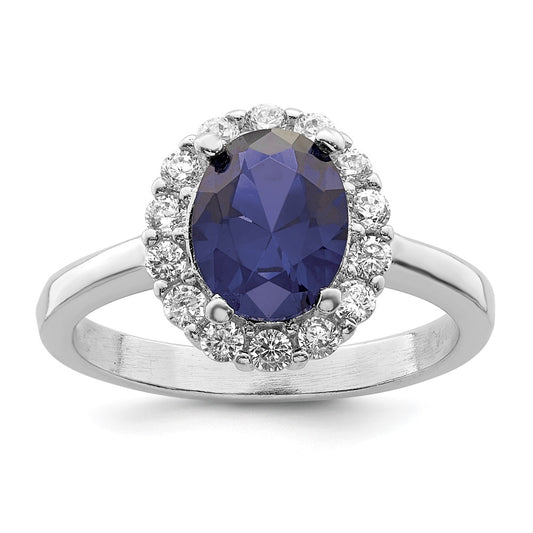 Sterling Silver Polished Rhodium Plated Blue And Clear Cz Ring