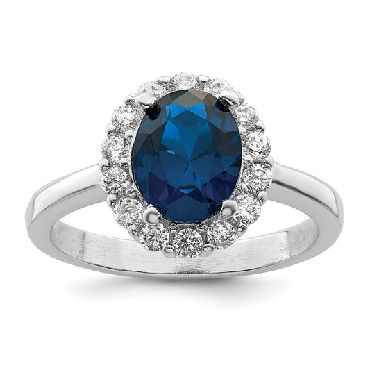 Sterling Silver Polished Rhodium Plated Blue And Clear Cz Ring