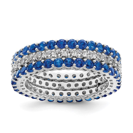 Sterling Silver Rhodium Plated Polished Blue & White Cz 3 Ring Set