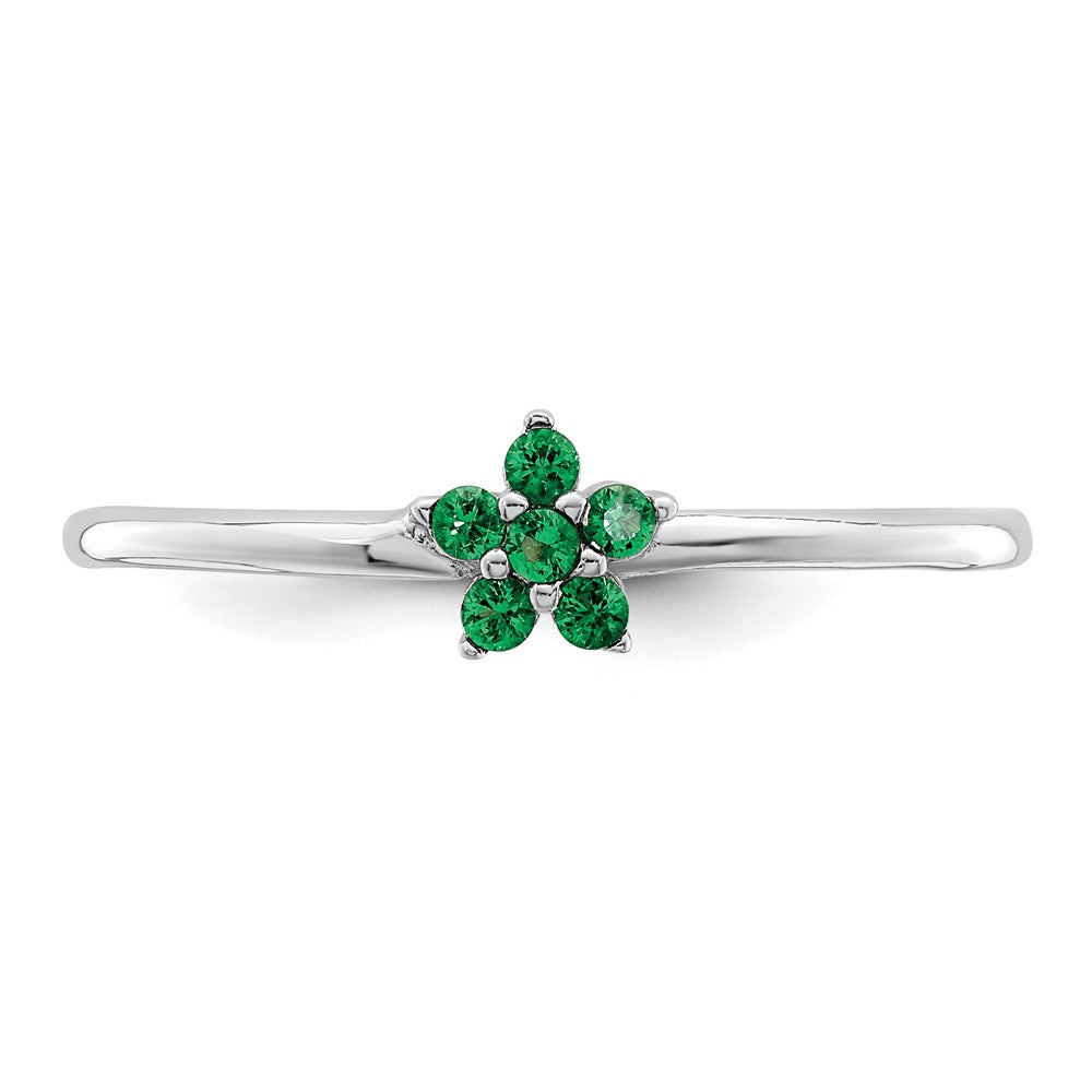 Sterling Silver Rhodium Plated Polished Green Cz Flower Ring
