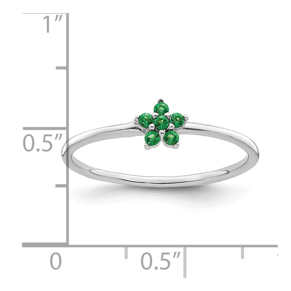 Sterling Silver Rhodium Plated Polished Green Cz Flower Ring