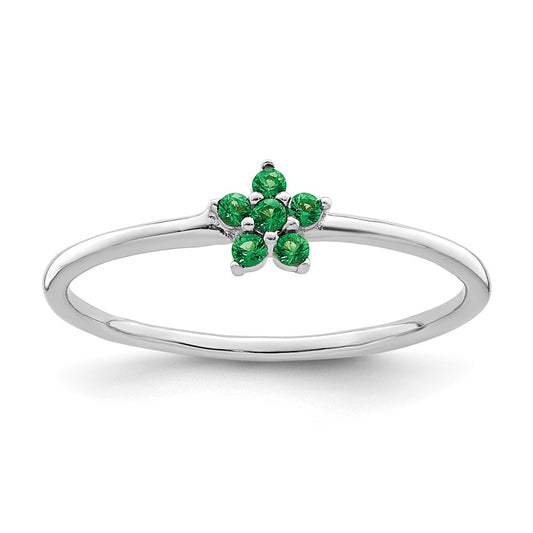 Sterling Silver Rhodium Plated Polished Green Cz Flower Ring